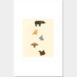 Forest animals origami print, wildlife geometric design, bear, fox, squirrel, rabbit, owl Posters and Art